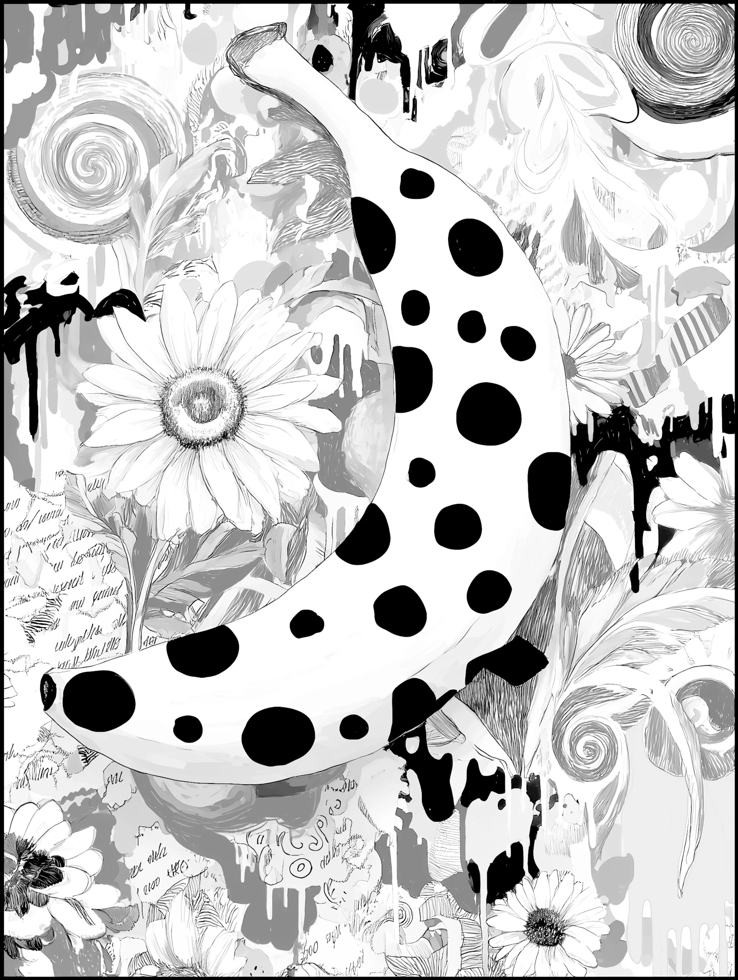 Free printable banana coloring page for adults featuring dotted banana with lighter floral background